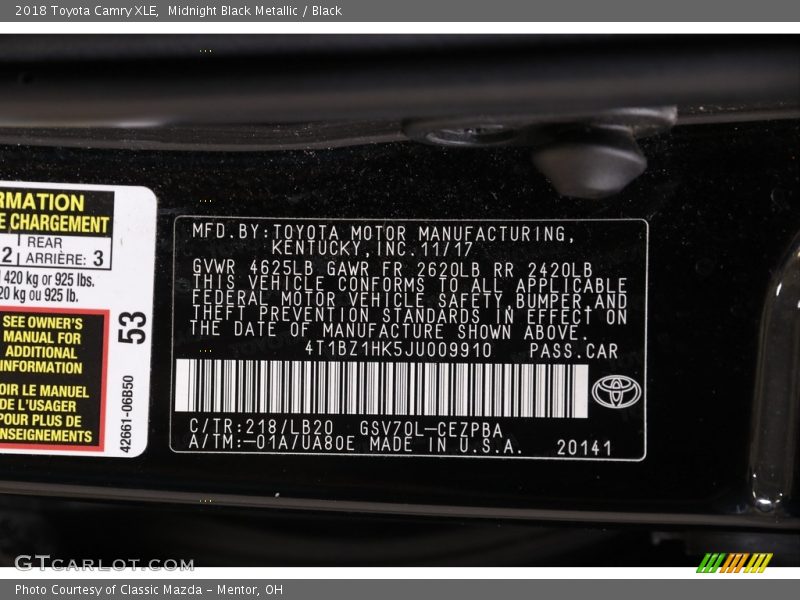 Midnight Black Metallic / Black 2018 Toyota Camry XLE