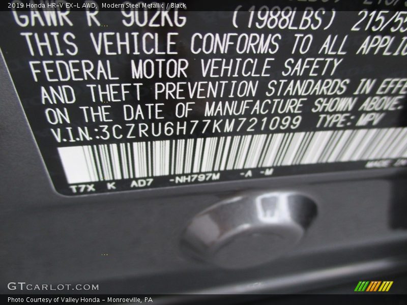 Modern Steel Metallic / Black 2019 Honda HR-V EX-L AWD