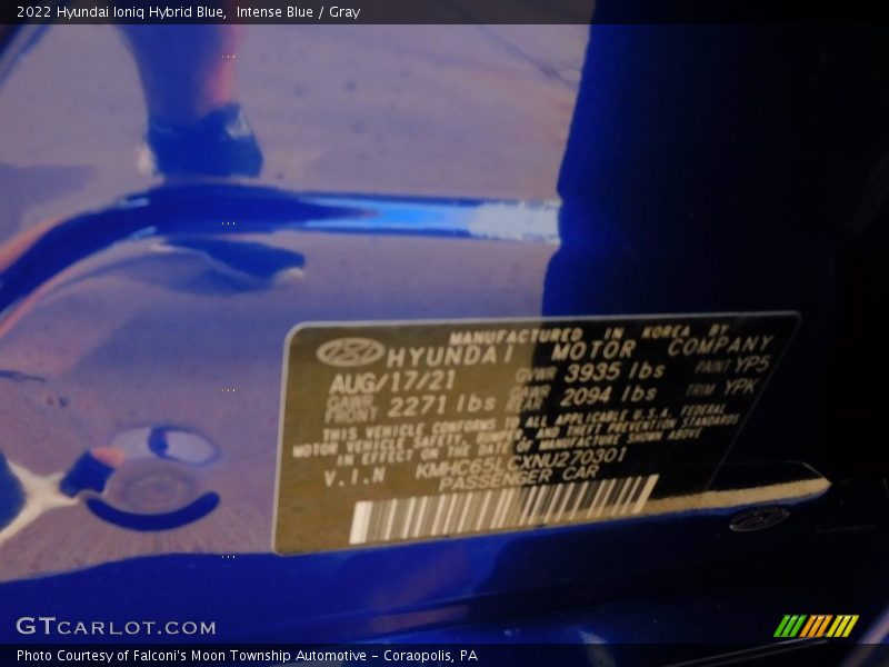 2022 Ioniq Hybrid Blue Intense Blue Color Code YP5