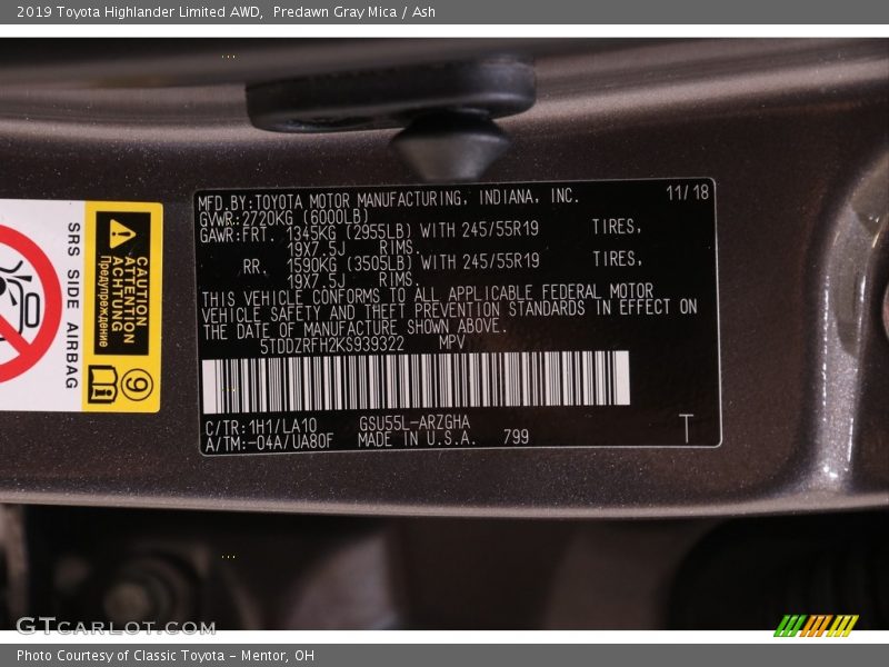 Predawn Gray Mica / Ash 2019 Toyota Highlander Limited AWD