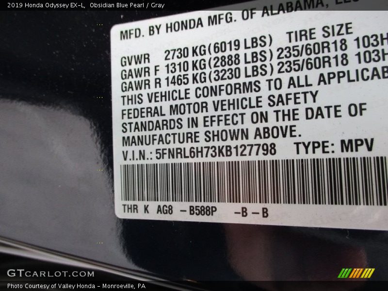 Obsidian Blue Pearl / Gray 2019 Honda Odyssey EX-L