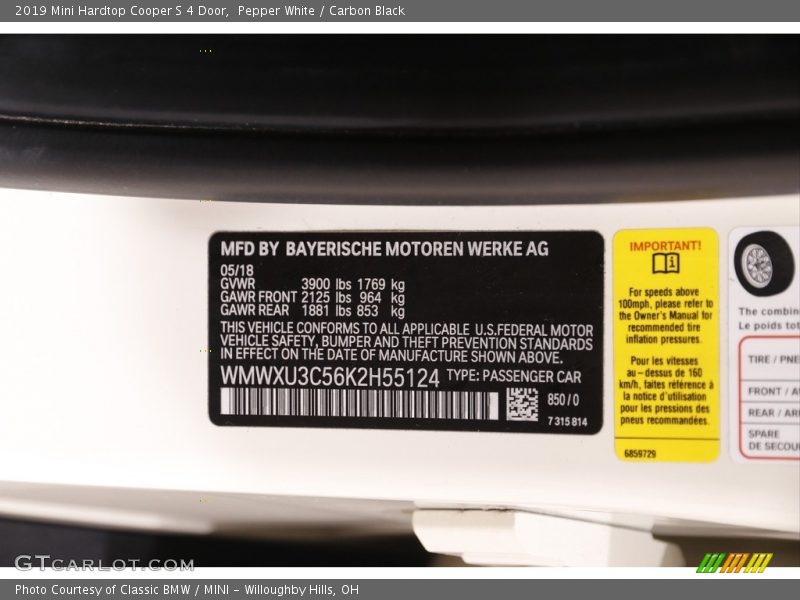 Pepper White / Carbon Black 2019 Mini Hardtop Cooper S 4 Door