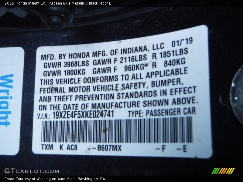 Aegean Blue Metallic / Black Mocha 2019 Honda Insight EX