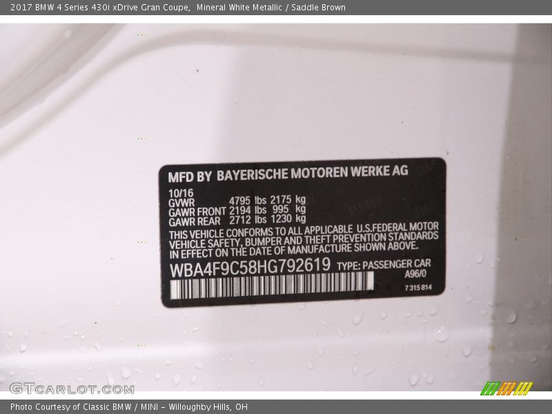 Mineral White Metallic / Saddle Brown 2017 BMW 4 Series 430i xDrive Gran Coupe