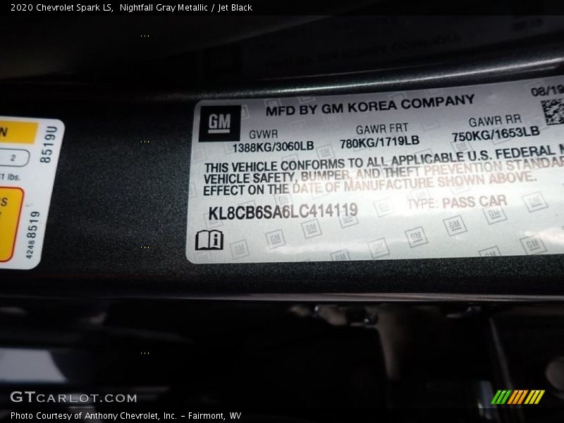 Nightfall Gray Metallic / Jet Black 2020 Chevrolet Spark LS