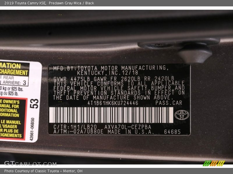 Predawn Gray Mica / Black 2019 Toyota Camry XSE