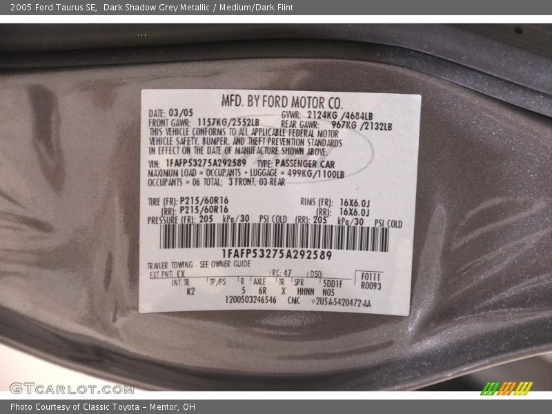 Dark Shadow Grey Metallic / Medium/Dark Flint 2005 Ford Taurus SE