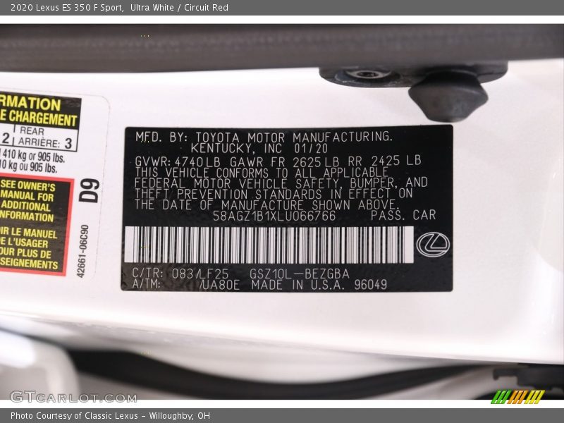 2020 ES 350 F Sport Ultra White Color Code 083