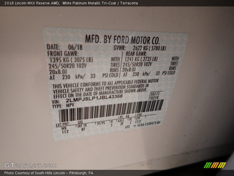 2018 MKX Reserve AWD White Platinum Metallic Tri-Coat Color Code UG