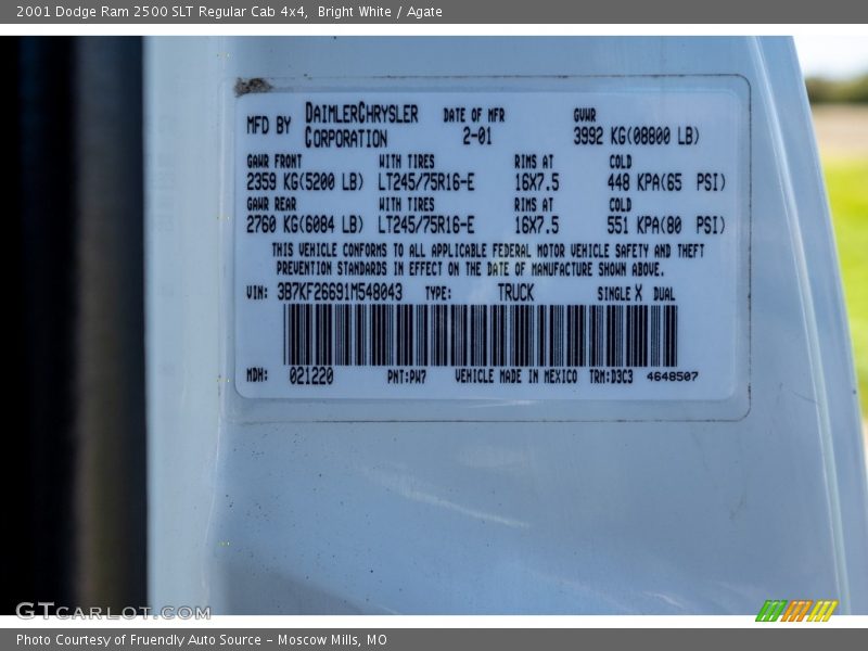 2001 Ram 2500 SLT Regular Cab 4x4 Bright White Color Code PW7