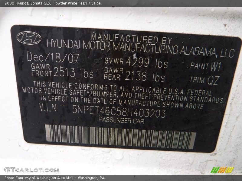Powder White Pearl / Beige 2008 Hyundai Sonata GLS