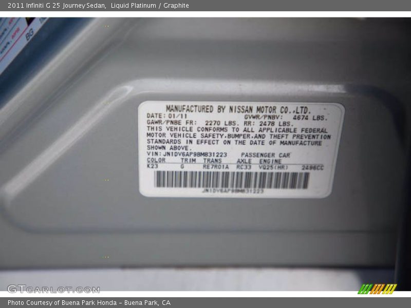 Liquid Platinum / Graphite 2011 Infiniti G 25 Journey Sedan