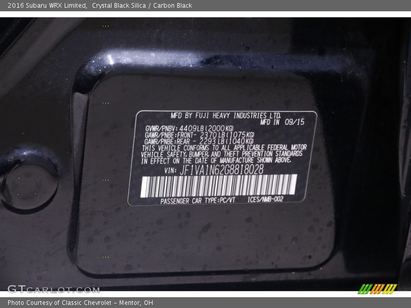 Crystal Black Silica / Carbon Black 2016 Subaru WRX Limited