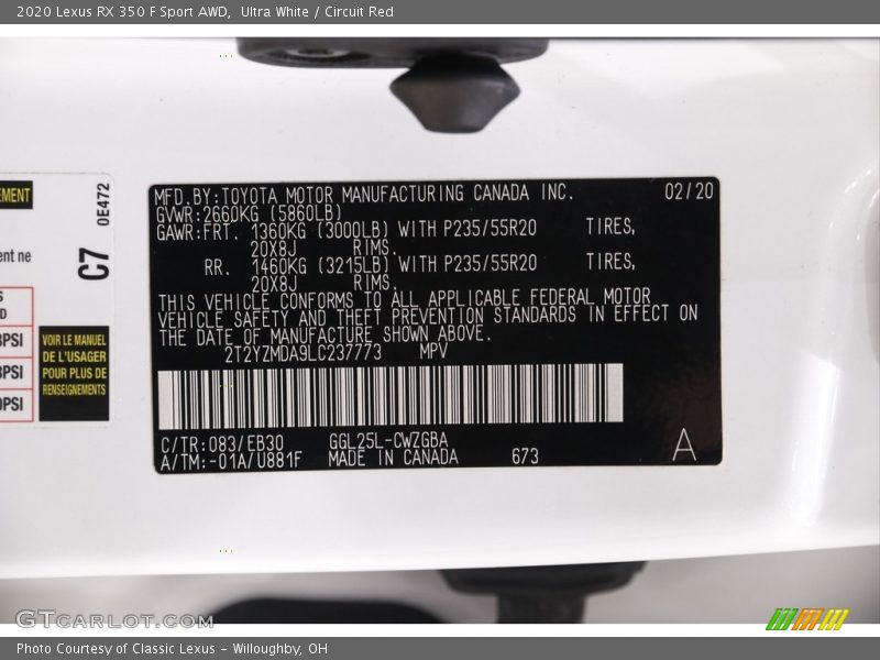 2020 RX 350 F Sport AWD Ultra White Color Code 083