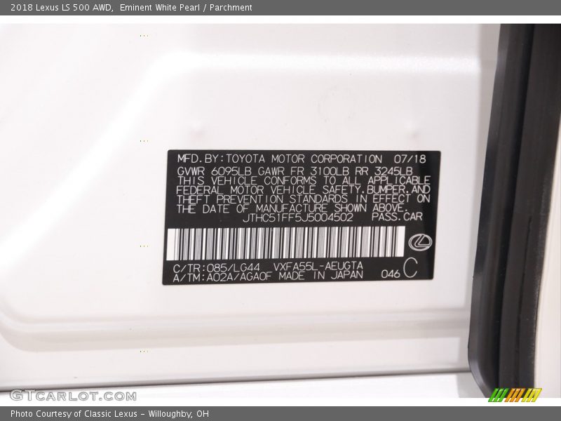 2018 LS 500 AWD Eminent White Pearl Color Code 085