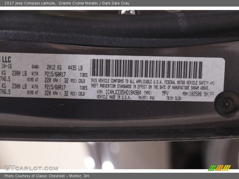 2017 Compass Latitude Granite Crystal Metallic Color Code PAU
