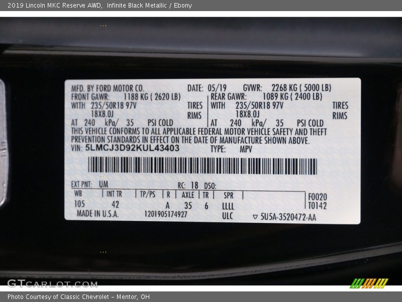 2019 MKC Reserve AWD Infinite Black Metallic Color Code UM