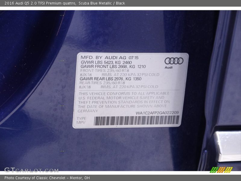 Scuba Blue Metallic / Black 2016 Audi Q5 2.0 TFSI Premium quattro