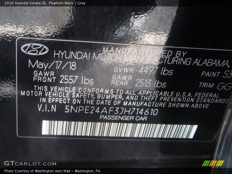 Phantom Black / Gray 2018 Hyundai Sonata SE