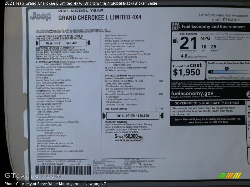 Bright White / Global Black/Wicker Beige 2021 Jeep Grand Cherokee L Limited 4x4