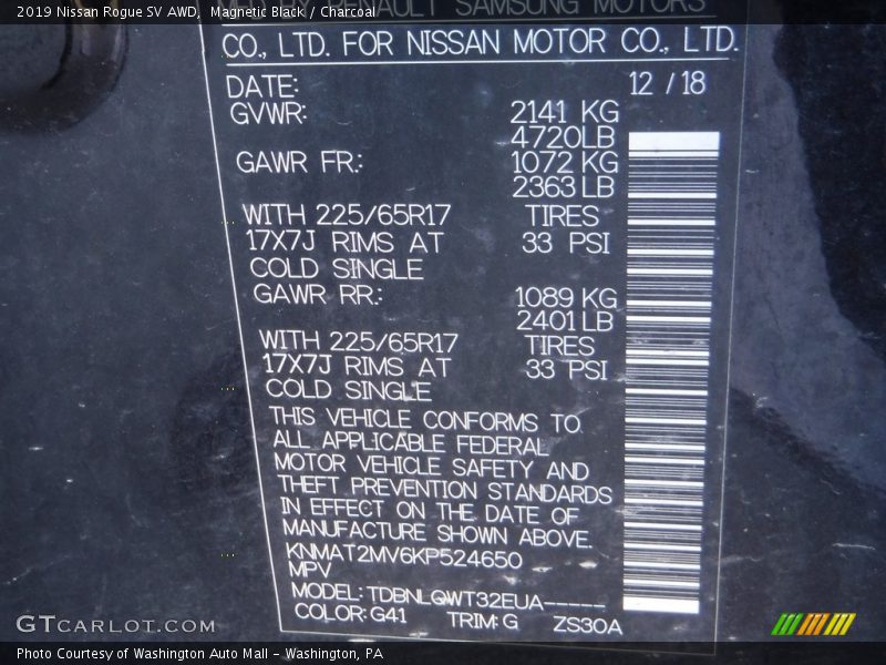 Magnetic Black / Charcoal 2019 Nissan Rogue SV AWD