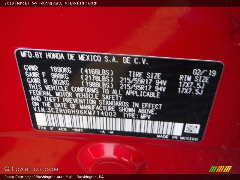 Milano Red / Black 2019 Honda HR-V Touring AWD
