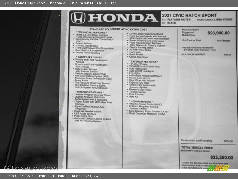Platinum White Pearl / Black 2021 Honda Civic Sport Hatchback
