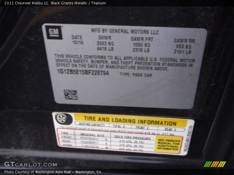 Black Granite Metallic / Titanium 2011 Chevrolet Malibu LS