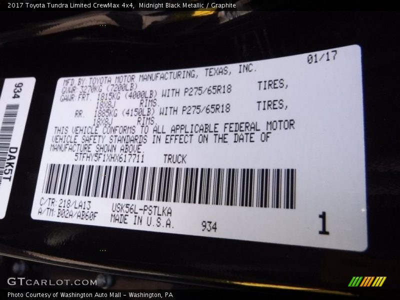 2017 Tundra Limited CrewMax 4x4 Midnight Black Metallic Color Code 218