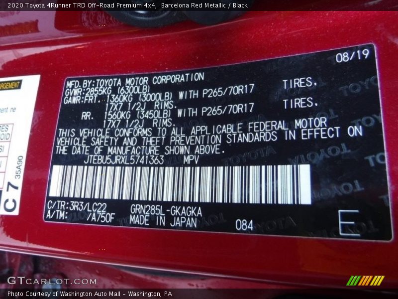 2020 4Runner TRD Off-Road Premium 4x4 Barcelona Red Metallic Color Code 3R3