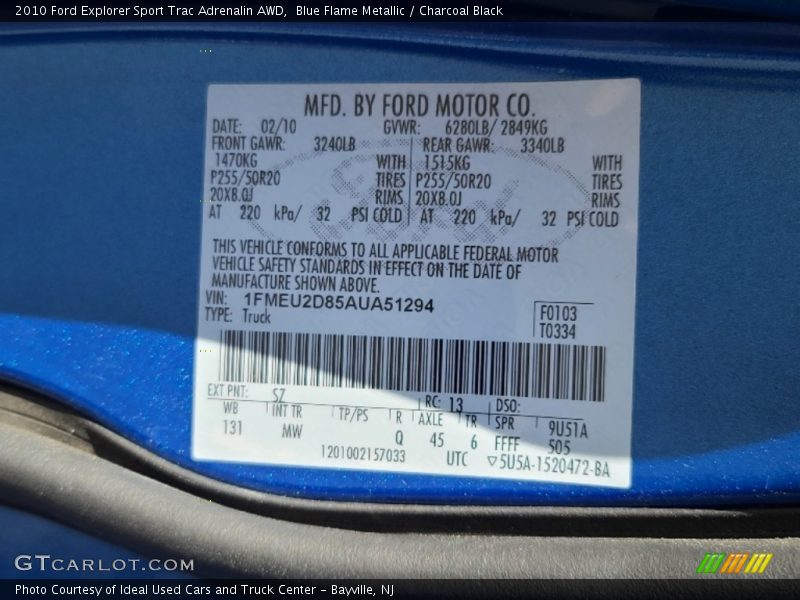 2010 Explorer Sport Trac Adrenalin AWD Blue Flame Metallic Color Code SZ