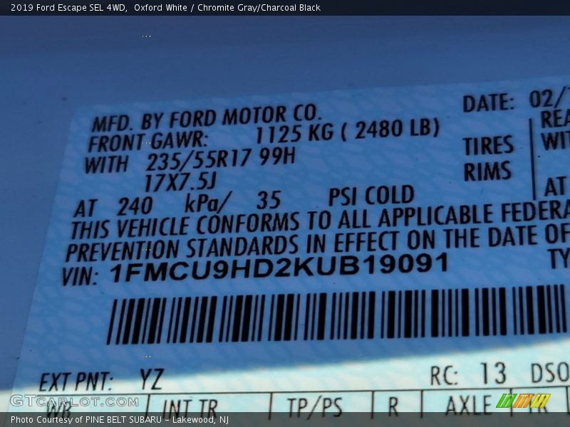 2019 Escape SEL 4WD Oxford White Color Code YZ