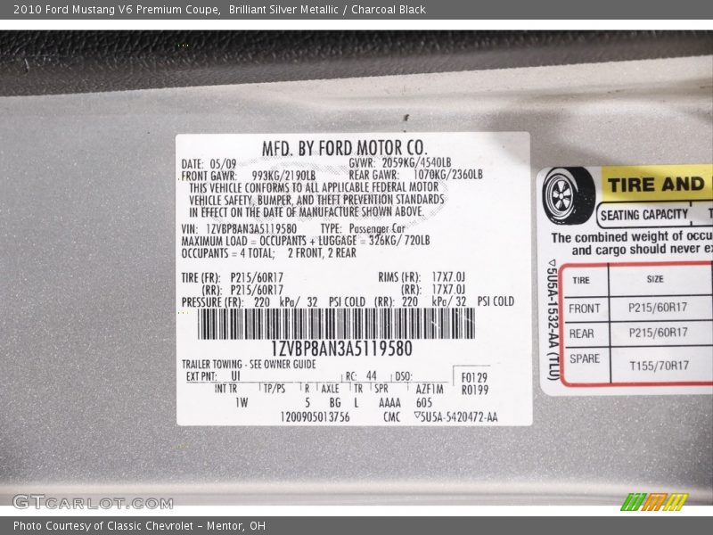 Brilliant Silver Metallic / Charcoal Black 2010 Ford Mustang V6 Premium Coupe