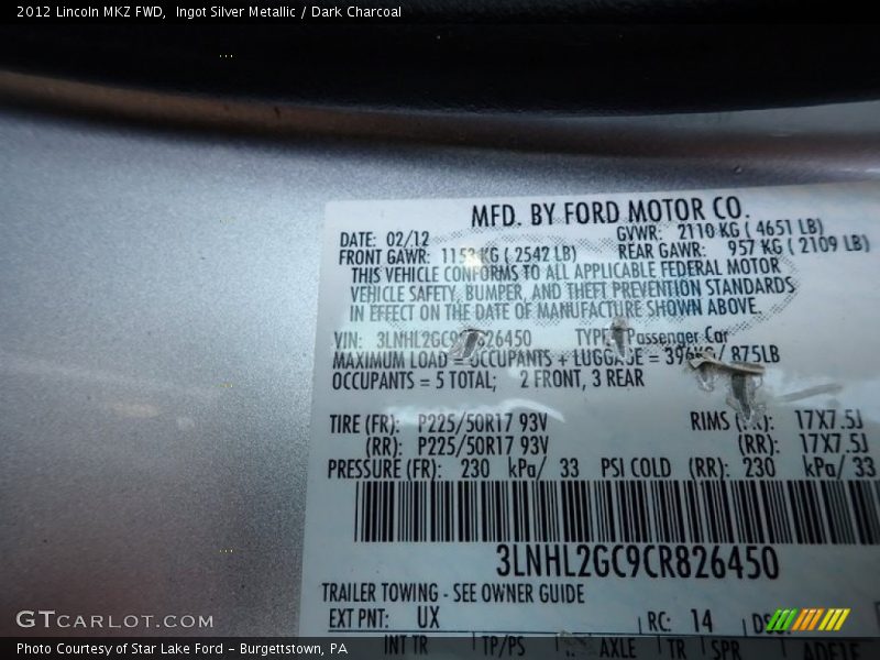 Ingot Silver Metallic / Dark Charcoal 2012 Lincoln MKZ FWD