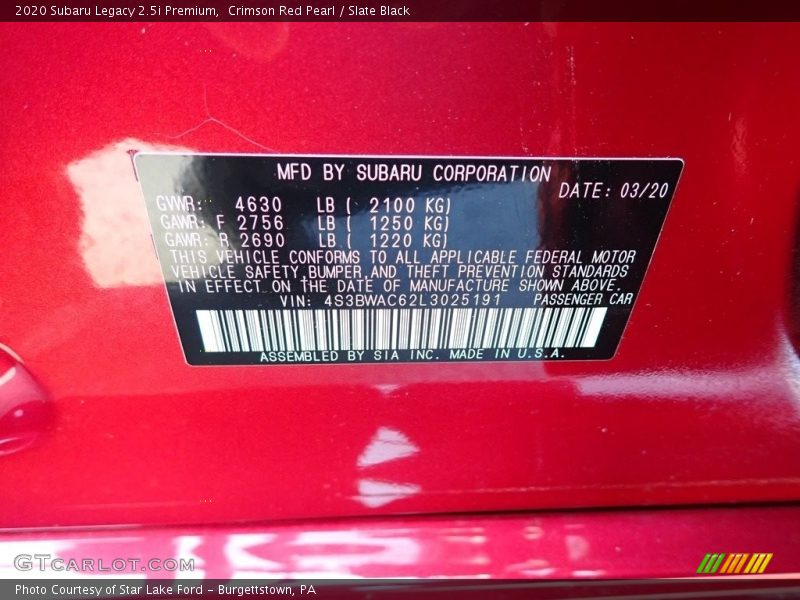 Crimson Red Pearl / Slate Black 2020 Subaru Legacy 2.5i Premium