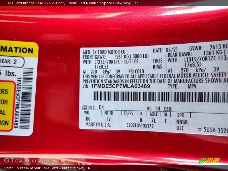 2021 Bronco Base 4x4 2-Door Rapid Red Metallic Color Code D4