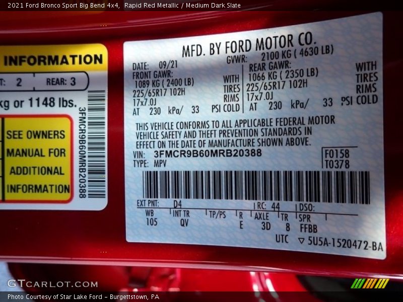 2021 Bronco Sport Big Bend 4x4 Rapid Red Metallic Color Code D4