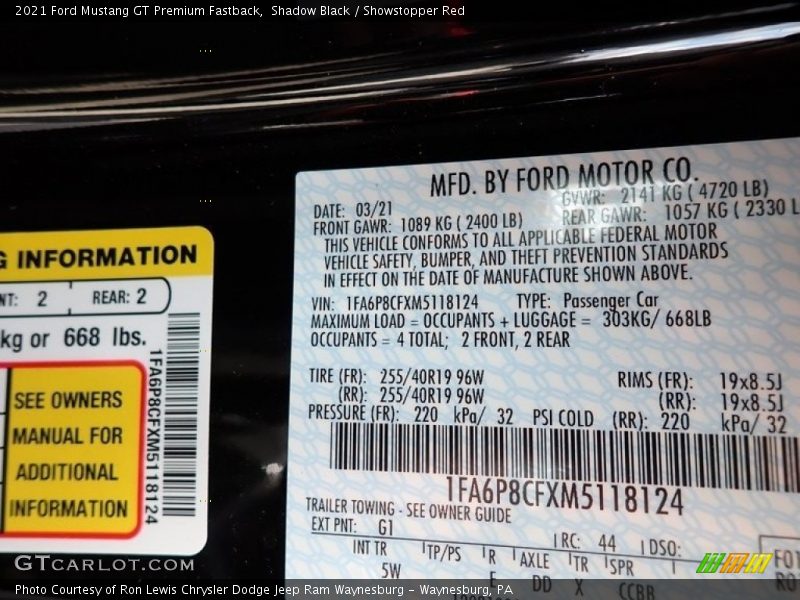 2021 Mustang GT Premium Fastback Shadow Black Color Code G1