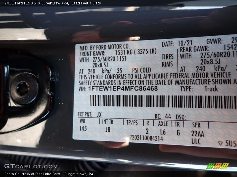 2021 F150 STX SuperCrew 4x4 Lead Foot Color Code JX