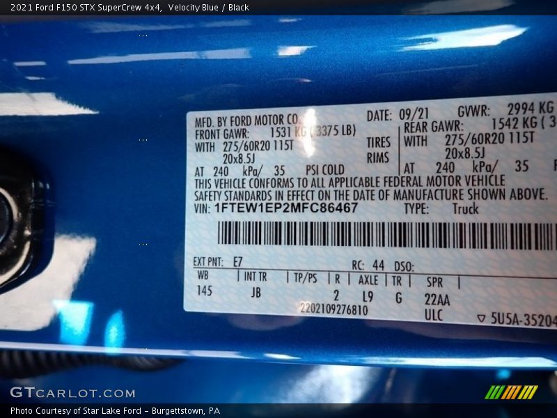 2021 F150 STX SuperCrew 4x4 Velocity Blue Color Code E7