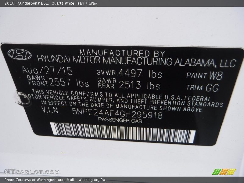 Quartz White Pearl / Gray 2016 Hyundai Sonata SE