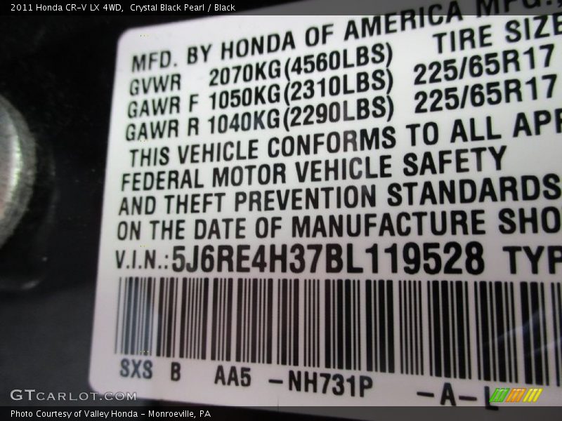 Crystal Black Pearl / Black 2011 Honda CR-V LX 4WD