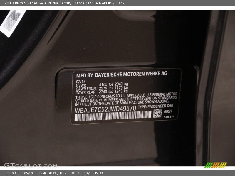 Dark Graphite Metallic / Black 2018 BMW 5 Series 540i xDrive Sedan