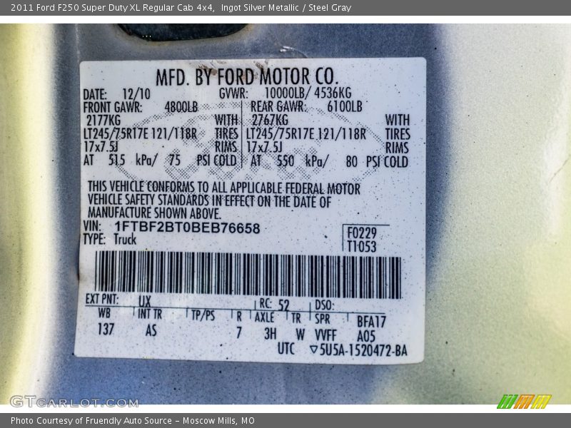 2011 F250 Super Duty XL Regular Cab 4x4 Ingot Silver Metallic Color Code UX