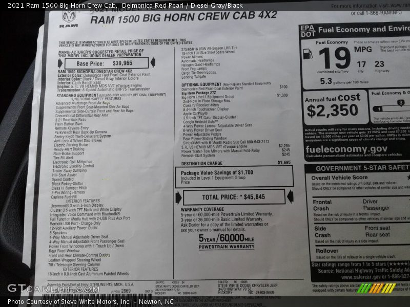  2021 1500 Big Horn Crew Cab Window Sticker