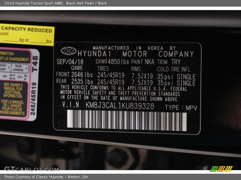 Black Noir Pearl / Black 2019 Hyundai Tucson Sport AWD