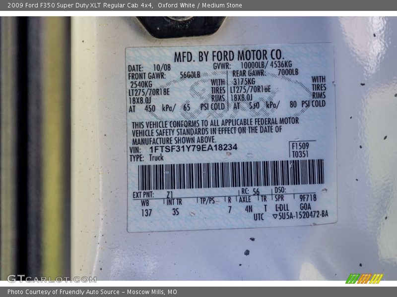 2009 F350 Super Duty XLT Regular Cab 4x4 Oxford White Color Code Z1
