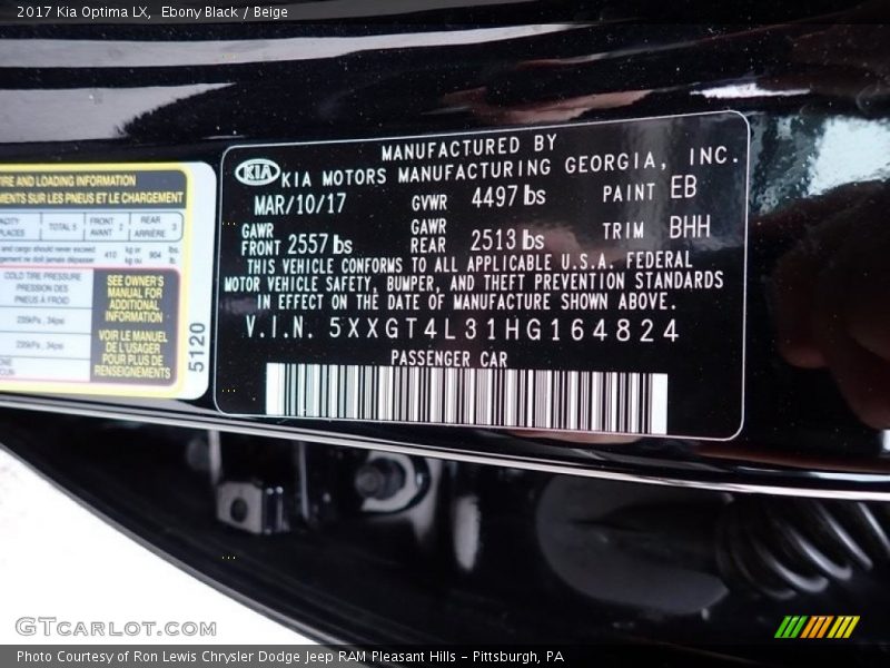 2017 Optima LX Ebony Black Color Code EB