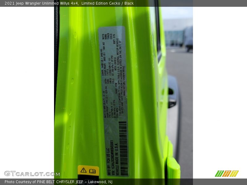 2021 Wrangler Unlimited Willys 4x4 Limited Edition Gecko Color Code PFM