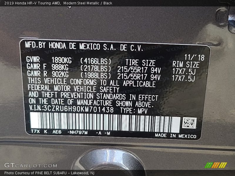 Modern Steel Metallic / Black 2019 Honda HR-V Touring AWD
